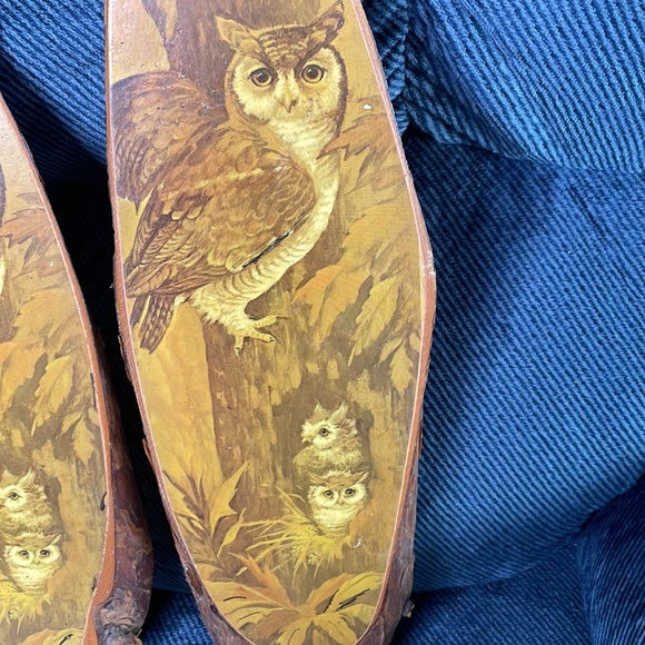 Set of vintage wood slices with 3 owls in tree varnished pictures - Picture 5 of 8